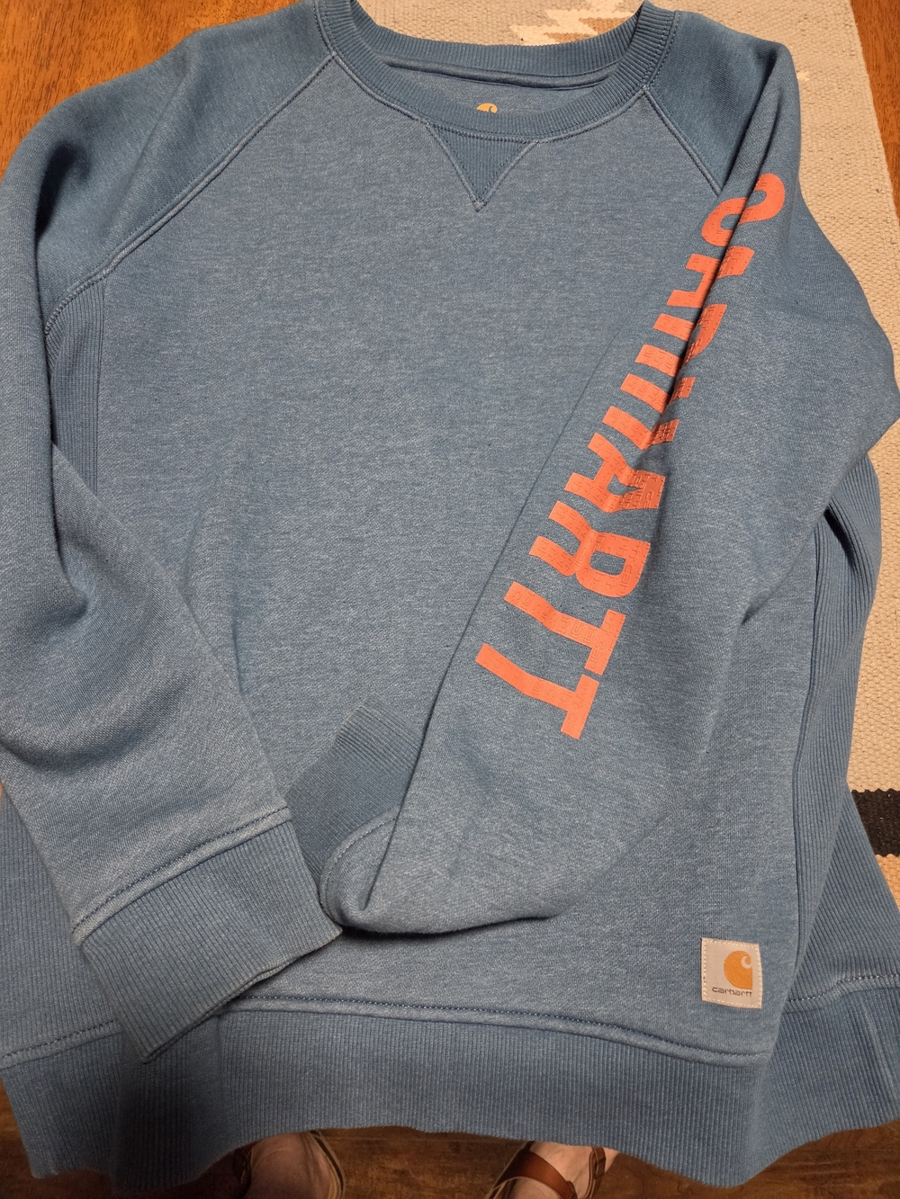 Carhartt Blue Crewneck Sweatshirt with Orange Sleeve Logo Womens Size Large